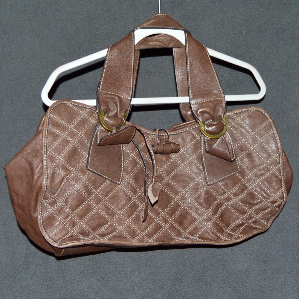 Gianni Bini Womens Brown Leather Shoulder Strap Satchel Handbag Purse Large